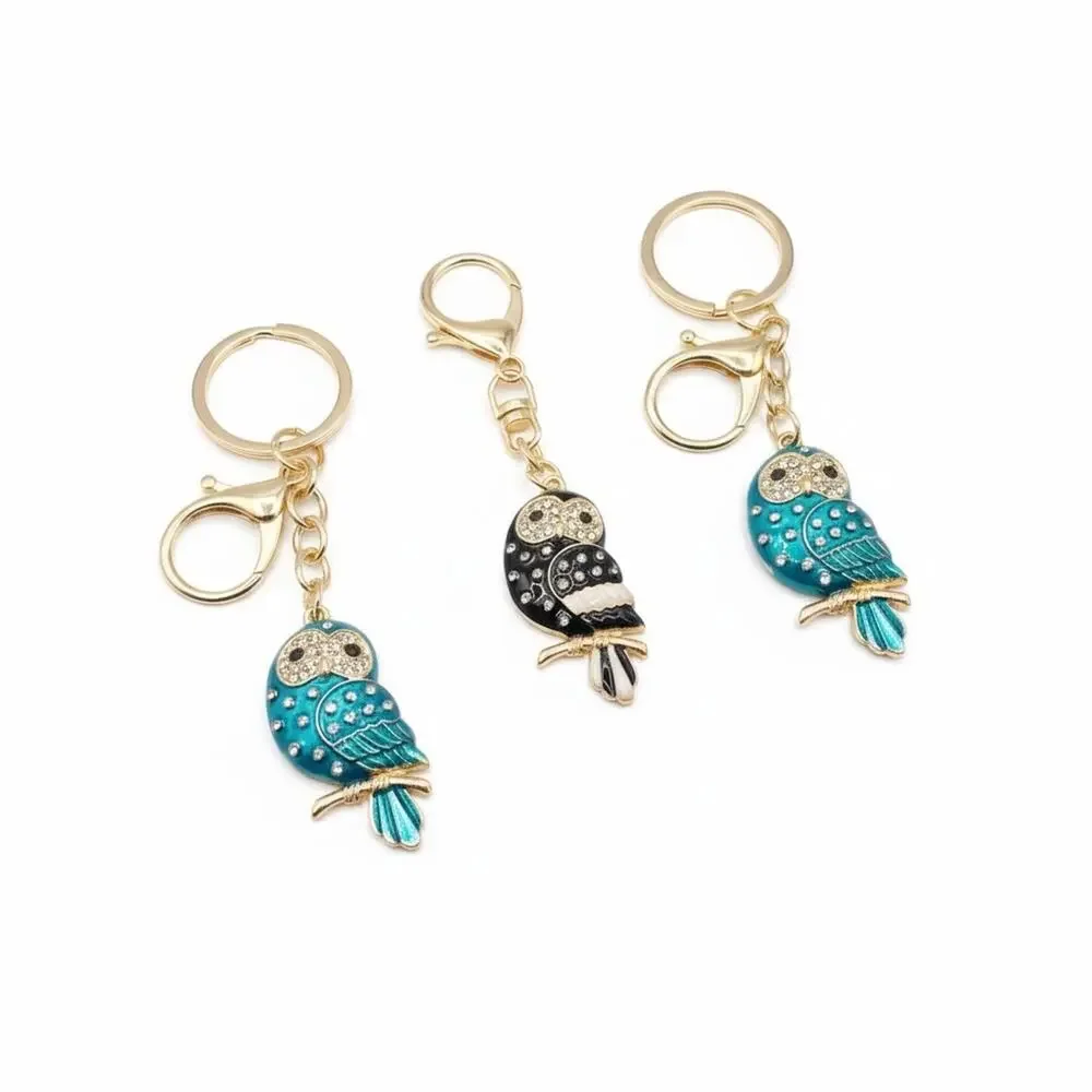 3 Owl Keychains in Teal‎ &  Black with Gold trim